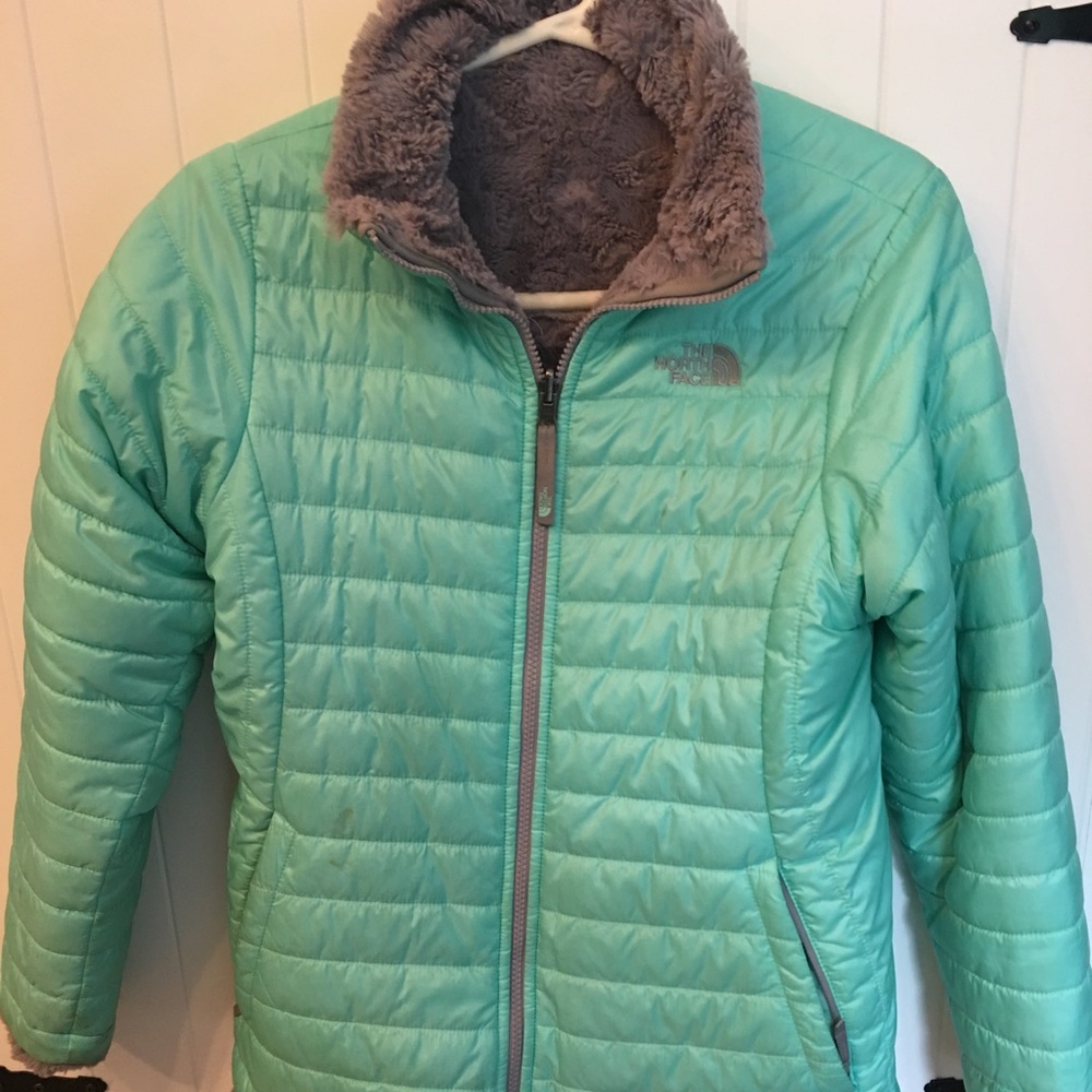 Girls north face Mossbud jacket mint and gray